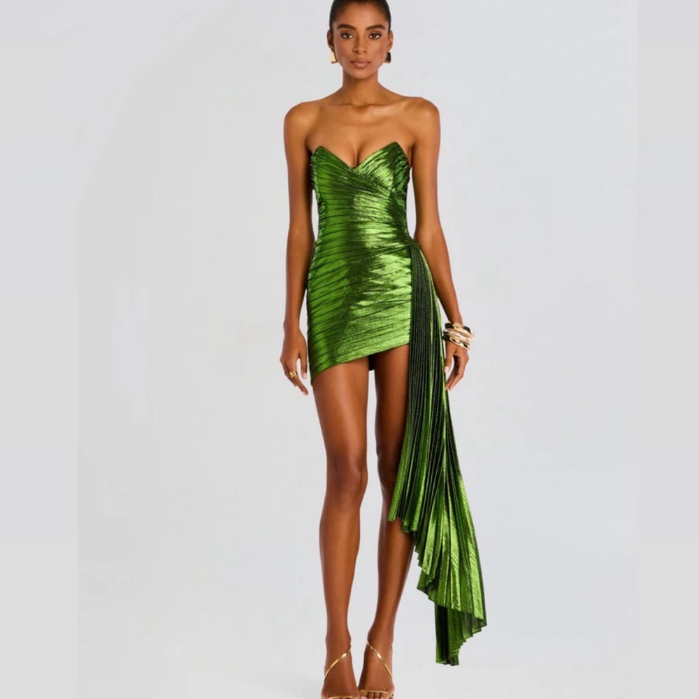 Retrofete Asymmetrical Metallic Green Daniele Dress M plisse high low sweetheart